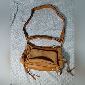 Tan Suede & Leather Convertible Shoulder Bag with Gold Accents